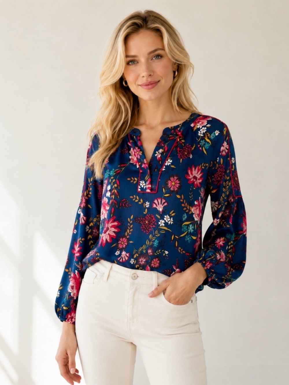 LOFT Blue Asian Floral Split Tab Neck Long Sleeve Blouse Women’s XS NWOT